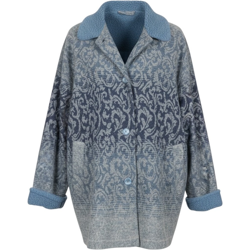 Mulberry Street Blue Damask Jacquard Sherpa Collar Knit Jacket Large